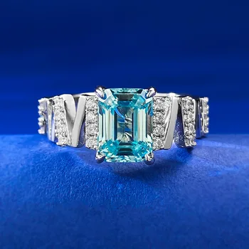 Сребро проба 925 6 * 8 Правоъгълно Кола плоски светло синьо пръстен за жени, просто и атмосферното диамантен пръстен на Едро