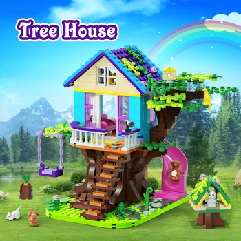 Buildmoc Creativity Цветна къща, Къща на дърво, Стефани Слайд, строителни блокове, детска площадка, къщичка на дърво, играчки-пързалки, подаръци за деца