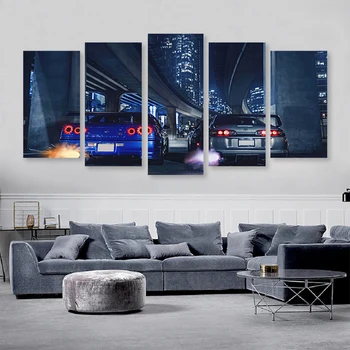 Плакати на Състезателен Автомобил на Nissan GTR Vs Supra от 5 части и Жестоки Спортни Автомобили, Състезателни коли, Платно, Боядисване, Състезател, моторните спортове, монтиран на стената Арт Декор