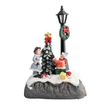 Коледна Селски Сцена Коледна Елха, Снежен човек Украса От Смола с Led Светлина Статуя