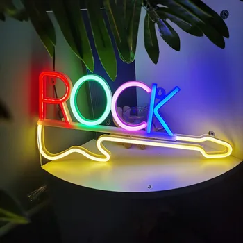 На китара в Рок-н-рол Неонови надписи, Музиката на Led неон осветление Арт декор на стените за игри стая Музикалното парти Rock-студио Бар Дискотека Парти Neon