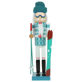 Коледна Ски Инструктор Мъж Санта Лешникотрошачката 38 см Дървени Ски Куклен Лешникотрошачката Ски Щеки Коледен Тематичен Празничен Орех