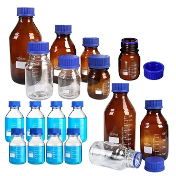 1БР 25 мл-1000 мл Кръгли Стъклени Бутилки За Съхранение на Материали От Ниско Съдържание Боросилиция със Синя Винт на Капака GL45 За Лабораторни Реактиви, Течности, Масла